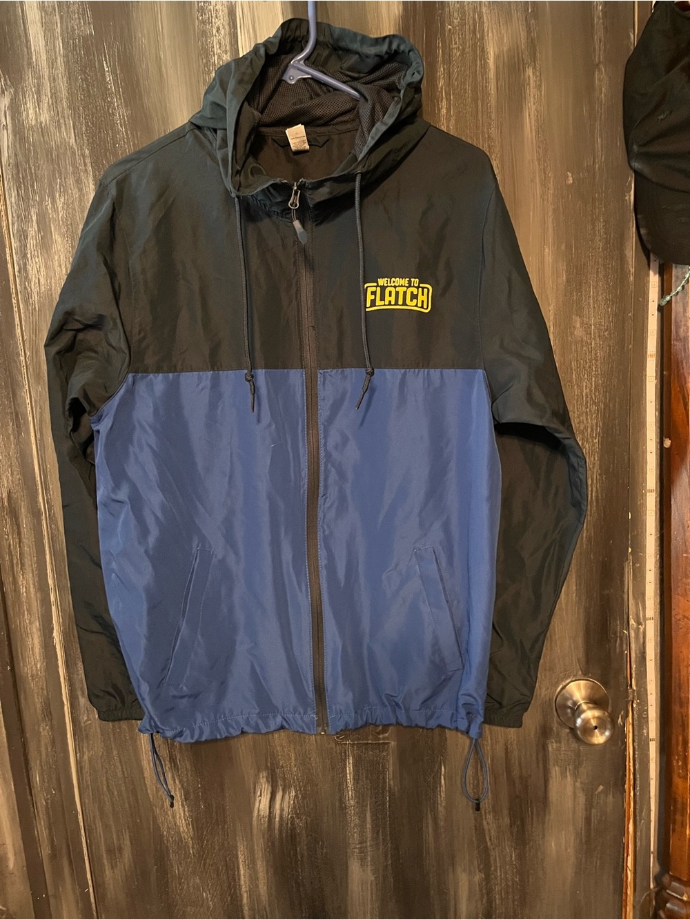 Welcome to Flatch Two-Tone Black and Blue Hooded Windbreaker